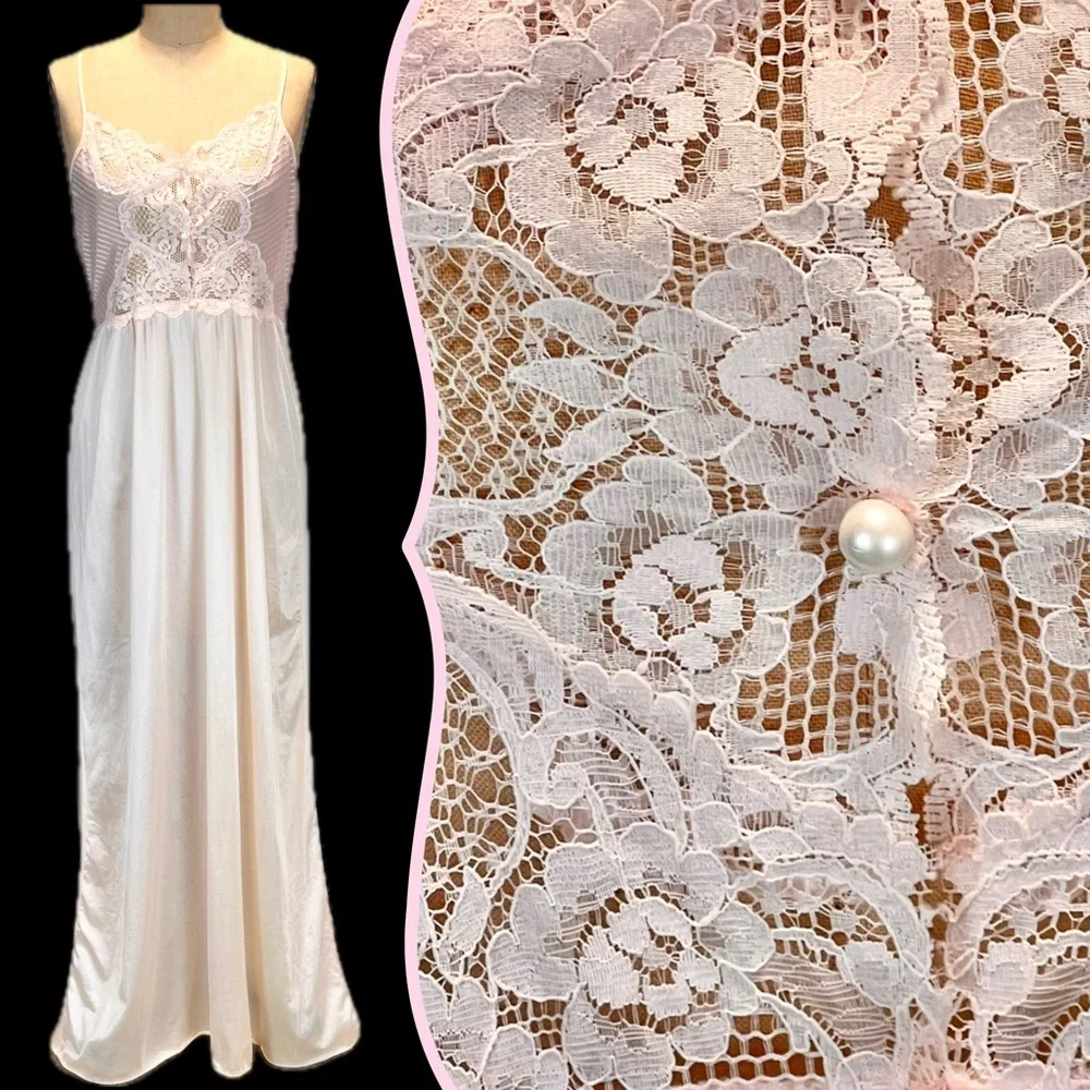 VINTAGE pastel lace blush pink long maxi nightgown evening gown lingerie 70s 80s